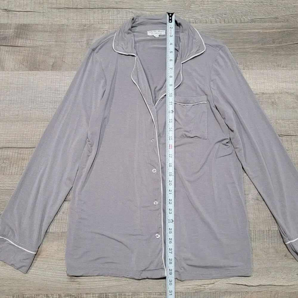 Barefoot Dreams Luxe Milk Jersey Piped Pajama PJ Button Up Shirt XS Gray Top - Picture 6 of 7